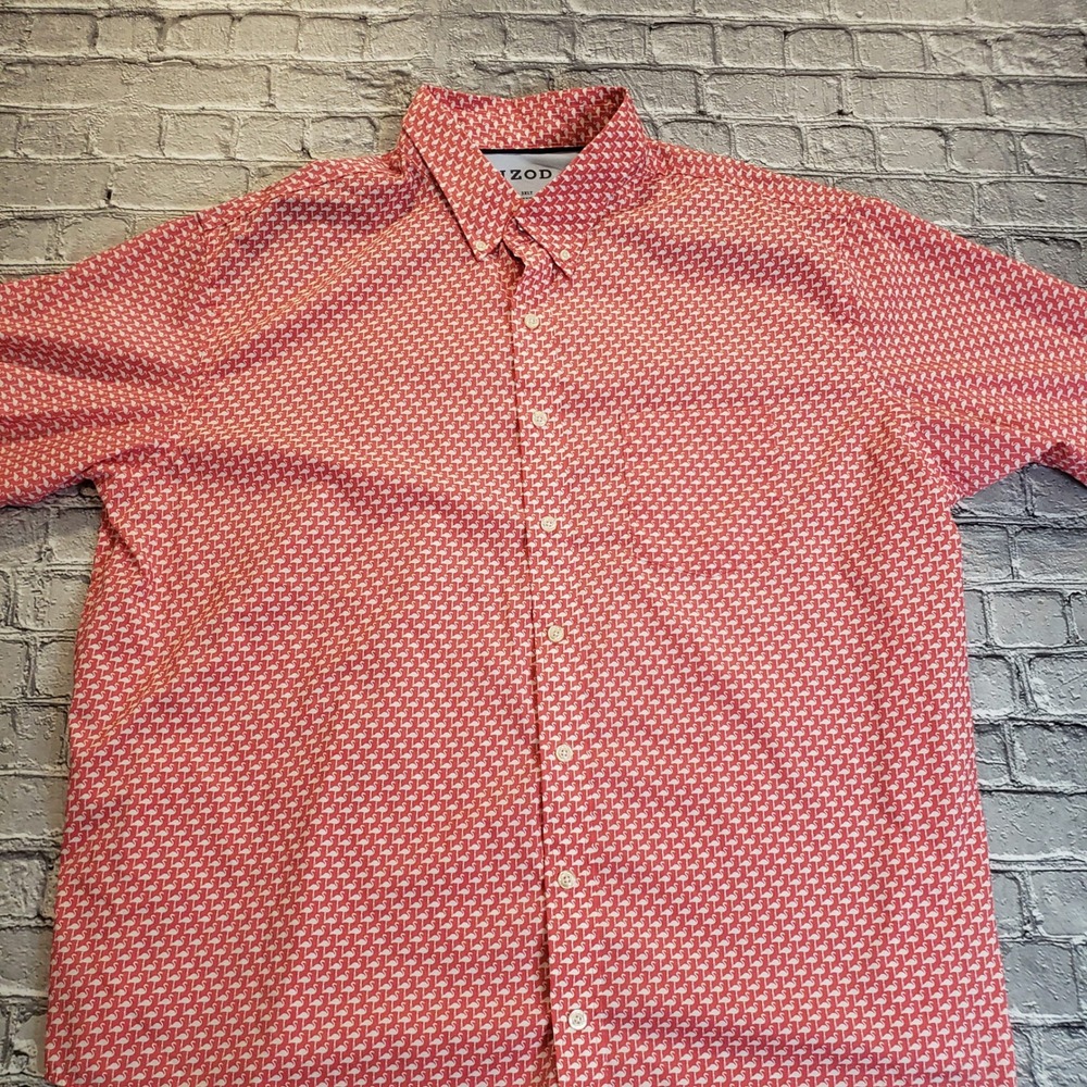 IZOD Mens Flamingo Print Button Down Shirt Red White Short Sleeve 3XLT Big Tall